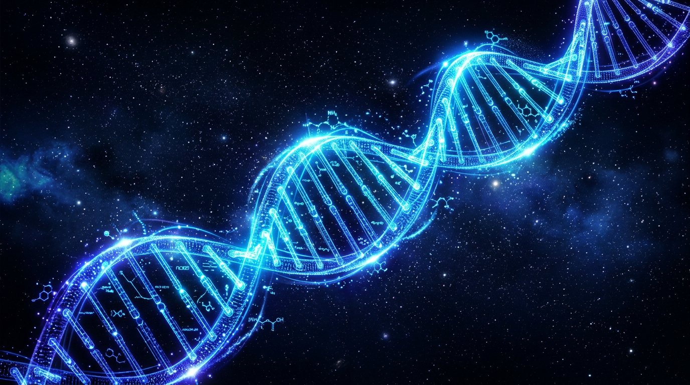A luminous double helix rendered in blue against a dark field